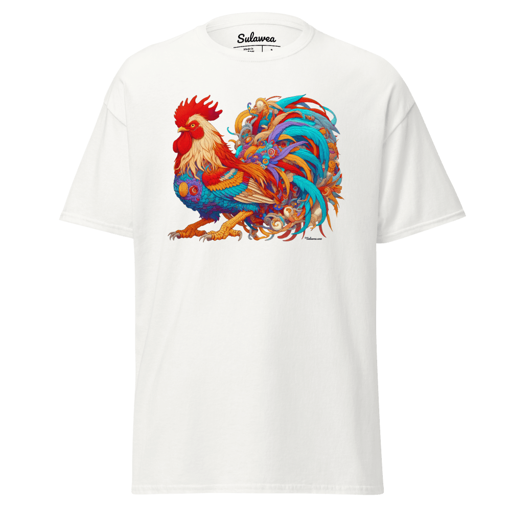 Camiseta El Gallo Sulawea blanca, diseño gallo multicolor, vista frontal