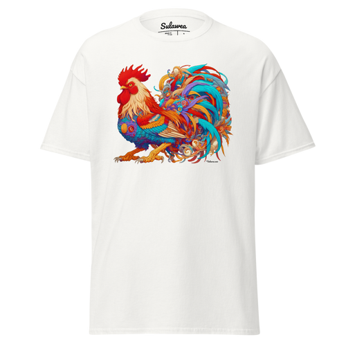 Camiseta El Gallo Sulawea blanca, diseño gallo multicolor, vista frontal